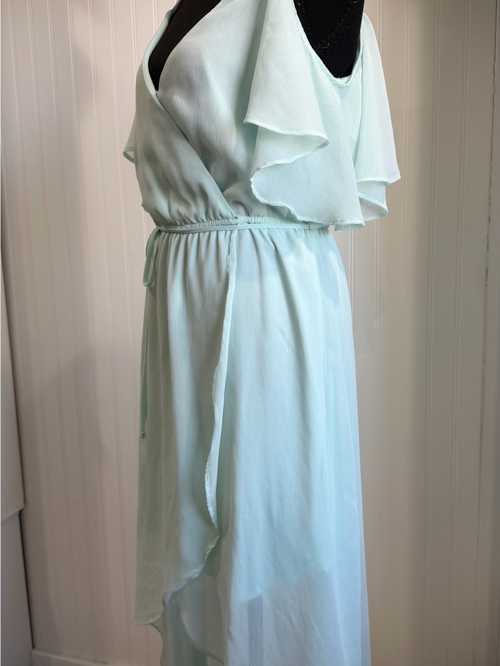 Off the Shoulder Ruffle Wrap Dress in Light Mint